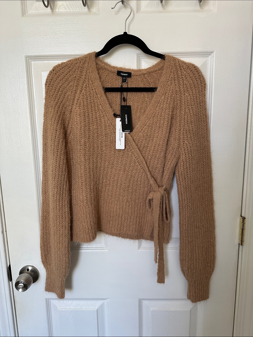 Express Camel Knit Wrap Cardigan with Side Tie